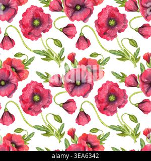 Rot blühende Mohnblumen und Knospen, nahtloses Aquarellmuster. Farbenfroher handgezeichneter Blumenstrauß aus lebendigen Wildblumen. Ornament mit Blumen und Grün Stockfoto