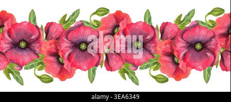 Rote Mohnblumen, nahtloser Rand in Aquarellen. Lebendiger handgezeichneter Blumenstrauß aus Wildblumen. Horizontales Design mit frischen Blumen und Pflanzen. Stockfoto
