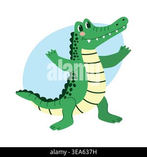 Karikatur-Krokodil-Figur mit freundlichem Ausdruck, aufrecht stehend mit ausgestreckten Armen vor einem hellblauen kreisförmigen Hintergrund Stock Vektor