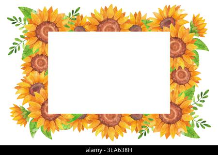 Helle Sonnenblumen, isolierter Aquarellrahmen. Sommerblumen handgezeichnet. Wildblumen-Illustration in einem einfachen, farbenfrohen Stil. Horizontale Vorlage mit Stockfoto