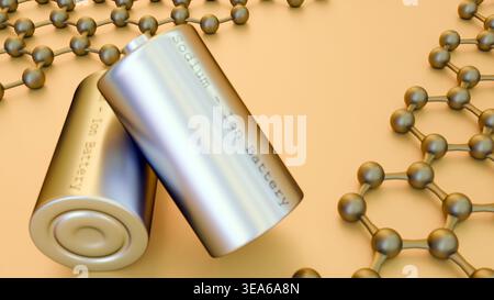 3D-Darstellung einer silbernen Natrium-Ionen-Batterie, die auf einem Graphen-Nanoblechgitter steht Stockfoto