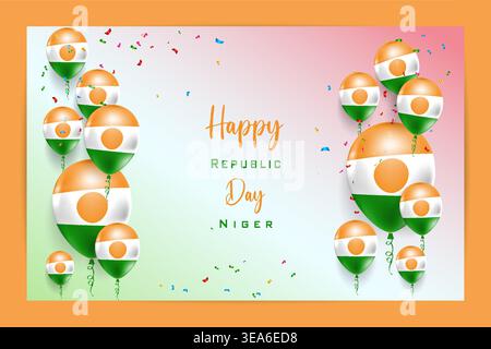 Hochwertige 3D-Ballon-Flaggenkarte für den Tag der Republik Niger mit auffälligen Nationalfarben und festlichen Elementen, ideal für patriotische Feiern Stock Vektor