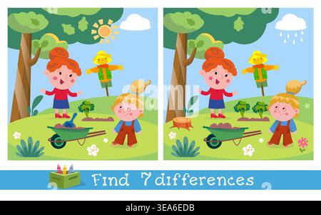 Kinder Bildungsvektor finden 7 Unterschiede Spiel mit Oma und Mädchen Gartenarbeit und süße Vogelscheuche. Farbenfrohe Zeichentrickszene zeigt einen Garten im Garten Stock Vektor
