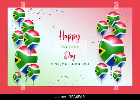 Hochwertige 3D-Ballon-Flaggenkarte für den South Africa Freedom Day mit auffälligen Nationalfarben und festlichen Elementen, ideal für patriotische Feiern Stock Vektor