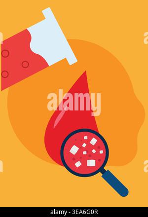 Flache Vektor-Illustration, die eine Blutprobe zeigt, die unter einer Lupe untersucht wird, symbolisiert Labortests, medizinische Diagnostik und Scie Stock Vektor