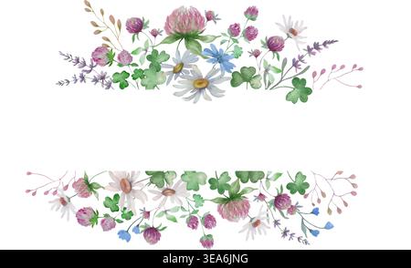 Aquarellblumenrahmen mit Klee, Gänseblümchen, Lavendel, Kräutern, grünen Schamrock-Blättern. Handgemalte horizontale Wildblumengrenze. Vektor-EPS. Stock Vektor