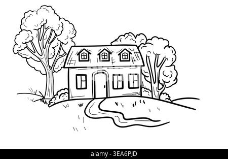 Ländliches Haus mit Fenstern, Veranda und Dachboden, handgezeichnete Skizze. Vektorabbildung. Ein kleines Steinhaus mit Büschen, Gras und Bäumen, isoliert auf einem W Stock Vektor