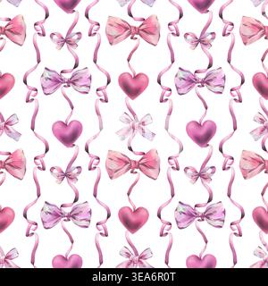 Nahtloses Muster mit pinken Schleifen und Herzen in Aquarellfarben. Dekorative Bändchen-Illustrationen auf weißem Hintergrund. Mädchenhaftes Design für Textilien Stockfoto