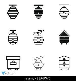 Eine minimalistische Illustration zeigt zwei leicht unterschiedliche Symbole in einer gestreiften, abgerundeten Bienenstockform vor einem klaren, weißen Hintergrund. Schwarz und W Stock Vektor