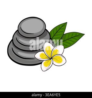 Ruhige Spa-Vektor-Illustration von gestapelten glatten grauen Steinen mit einer zarten weißen und gelben Plumerieblume und grünen Blättern. Stock Vektor