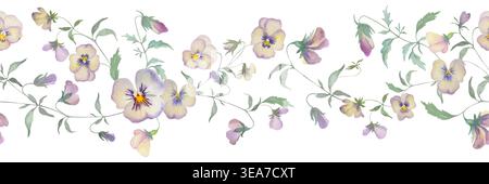 Nahtloser Rand mit violetten Blüten und grünen Blättern. Handgemaltes botanisches Muster isoliert auf weißem Hintergrund. Vektor-EPS. Stock Vektor