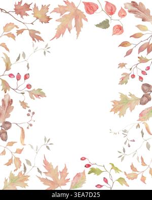 Aquarellrahmen im Herbst mit Ahornblättern, Eicheln, Hagebuttenbeeren und Eichenblättern. Handgemalter botanischer Kranz isoliert auf weiß. Vektor-EPS. Stock Vektor