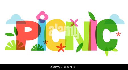 Verspielter Vektor-Picknick-Schriftzug. Bunte, lustige Typografie für Sommereinladungen, Karten und Outdoor-Partys. Poster Banner Moderne Designelemente Stock Vektor
