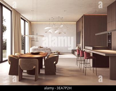 Esstisch aus Holz und beige Stühle im modernen Wohnzimmer mit skandinavischem Minimalismus Stockfoto