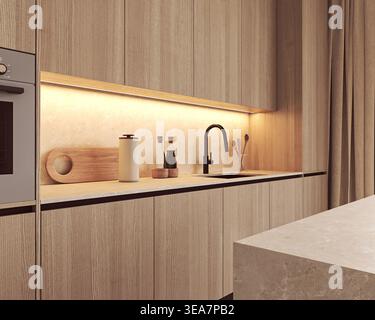 Schneidebrett aus Holz auf Marmorküche in modernem skandinavischem Stil Stockfoto