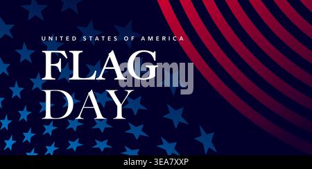 American Flag Day Banner mit blauen Sternen und roten Streifen Muster auf blauem Hintergrund, United States of America Flag Day Karte Hintergrund mit Typografie Stock Vektor