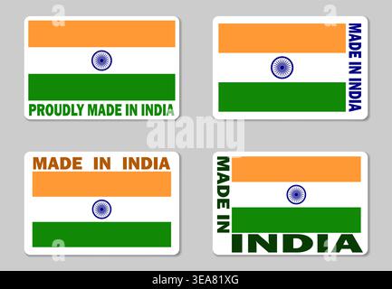 Hergestellt in Indien Etikettenaufkleber, Vektor-Set. Warenmarke mit indischer Flagge Stock Vektor