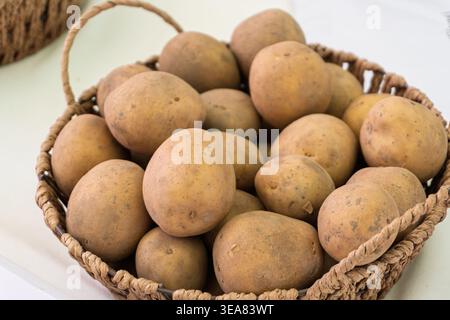 Nahaufnahme eines braunen Korbs mit Griff, voll mit frisch geernteten Kartoffeln mit Schmutz auf der Haut, auf einer weißen Oberfläche. Stockfoto