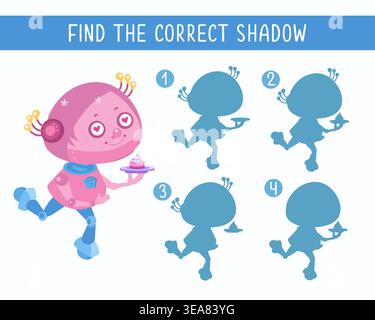 Finde das richtige Lernspiel für Kinder mit der niedlichen rosa Roboterfigur. Dieses logische Vektor-Puzzle hilft Kindern, visuelle Fähigkeiten zu verbessern und Stock Vektor