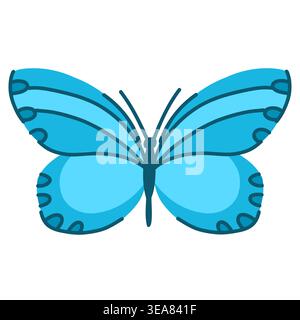 Anmutig gestylter Schmetterling in Blau auf weiß, Insekten mit ausgebreiteten Flügeln im Doodle-Stil, Entomologie-Kollektion. Vektorabbildung Stock Vektor