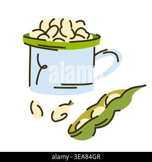Metallschmelzbecher mit weißen Kidneybohnen zum Anpflanzen in den Boden, Schoten und Bohnen zum Anpflanzen von Samen, Herbsternte. Vektorabbildung Stock Vektor