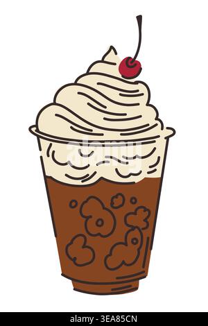 Frappuccino, flache Illustration eines kalten Kaffeegetränks, Espresso und Milch mit Eis, garniert mit Schlagsahne und einer Kirsche, in einer durchsichtigen Plastiktasse Stock Vektor