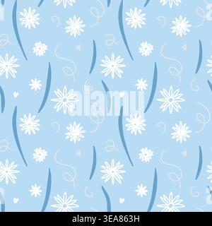 Nahtloses blaues Blumenmuster mit weißen Blumen und abstrakten Blättern, weicher Natur Hintergrund Stock Vektor