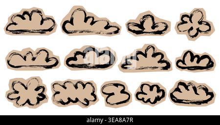 Grunge Outline Scrapbook Collage Wolken Set. Doodle Pinsel Strich Wolken Aufkleber. Prognosepapier mit Kreidestrukturierung, Wolken schneiden, Vektorcollage für skizzieren Stock Vektor