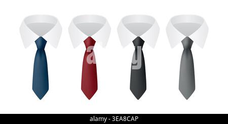 Vektor Krawatte Set mit weißen Kragen Hemden, isoliert. Klassische Herren-Businesskrawattensymbole In Blau, Rot Schwarz Und Grau. Formelles Büro Kleiderordnung Accessoires für Stock Vektor