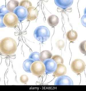 Handgemachte Aquarellzeichnung für Geburtstagsparty mit blauen, beigen und grauen Ballons in einem Bündel. Festliche Illustration zum Kindergeburtstag, Dekoration von Stockfoto