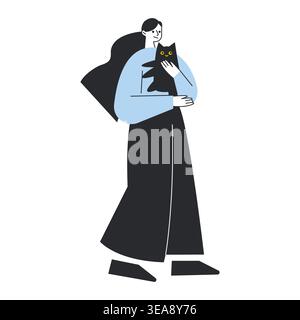 Frau, die schwarze Katzenvektor-Illustration für Haustierpflege, Zuneigung, Gesellschaft und Haustier-Lebensstil hält. Stock Vektor