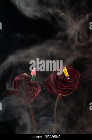 Surreale konzeptionelle Aufnahme von zwei winzigen Figuren, die auf verwelkten roten Rosen stehen, umgeben von dickem weißem Rauch auf schwarzem Hintergrund. Stockfoto