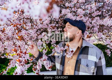 Lächelnder Bärtiger Europäischer Mann, Der Im Frühling Nach Kirschblüten Riecht Stockfoto