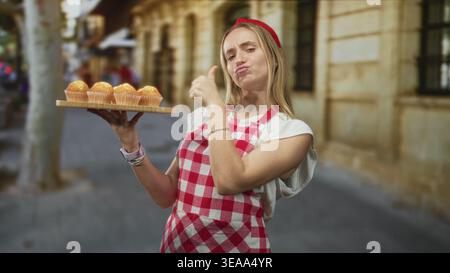 Die Küchenchefin hält auf der Schürze ein hölzernes Tablett mit Muffins und zeigt auf der Straße mit dem Finger auf das Tablett; selbstgemachtes Backen. Stockfoto