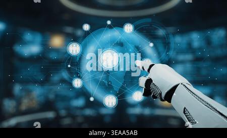 Eine Roboterhand greift zu einem digitalen Globus und veranschaulicht das Konzept der globalen Konnektivität und technologischen Fortschritte in der Kommunikation und Stockfoto