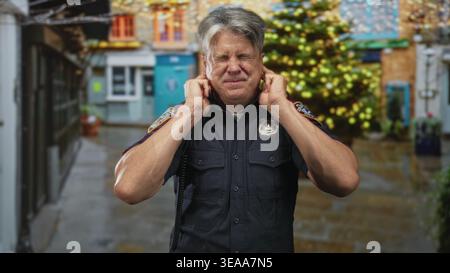 Polizist bedeckte Ohren mit Fingern, grimperte auf einer nassen Fußgängerzone neben einem beleuchteten weihnachtsbaum und Ladenfronten; Feiertagsstress. Stockfoto