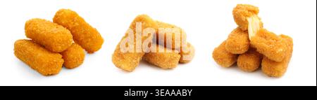 Leckere, frittierte Käsestäbchen isoliert auf weiß, Set Stockfoto