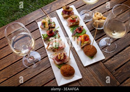 Weißes, rechteckiges Tablett mit einer Auswahl an Tapas und Crostini auf geröstetem Brot: Aufschnitt, gegrilltes Gemüse, streichfähiger Käse und verschiedene Beläge Stockfoto