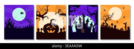 Halloween-Poster-Set. Dunkle Silhouetten von Schloss und Kürbis. Furchteinflößender Urlaub und Festival. Trick or Treat. Vintage-Postkarten. Kollektion flacher Vektoren Stock Vektor