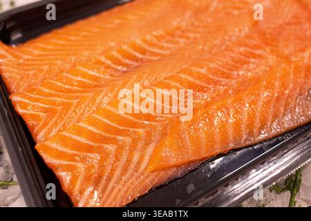 Frische Lachsfilets werden ordentlich auf einem schwarzen Tablett angeordnet. Der Fisch hat einen orangefarbenen Farbton und sieht bereit zum Kochen aus. Diese Szene könnte Teil von Meal Pre sein Stockfoto
