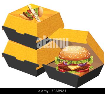 Drei gelbe und schwarze Burger-Boxen aus Karton, von denen eine offen ist und einen Cheeseburger zeigt Stock Vektor