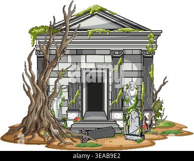 Vektor-Illustration von verfallendem Mausoleum, blattlosen Bäumen, moosigen Grabsteinen und bewachsenen Reben auf weißem Hintergrund Stock Vektor