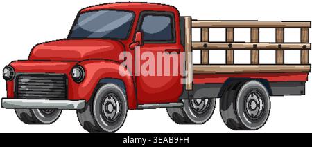 Roter Vintage-Pickup im Cartoon-Stil mit Holzschienen, klaren Linien und flacher Farbpalette Stock Vektor