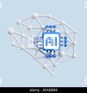 3D-Rendering des KI-Hirnkonzepts mit neuronalem Netzwerk, künstlicher Intelligenz Stockfoto