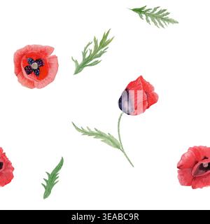 Nahtloses Aquarellmuster mit roten Mohnblumen und grünen Blättern. Handgemalter floraler Hintergrund isoliert auf weiß, perfekt für Textilien, Verpackung Stockfoto