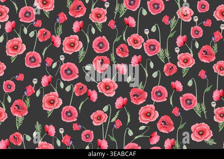 Aquarellrotes Mohnmuster mit dichter Blumenanordnung auf dunklem Hintergrund, botanisches Wildblumendesign ideal für Stoff, Textil Stockfoto