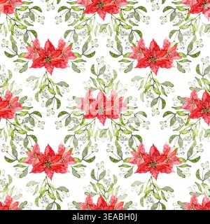 Handgezeichnetes Aquarellmuster mit festlichen Blumensträußen. Dieses elegante Urlaubsdesign besticht durch leuchtend rote Weihnachtskugeln und zarte Mistel Stockfoto