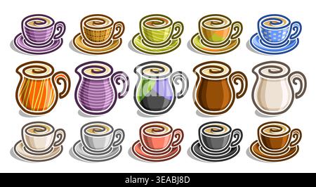 Vector Cups Set, große Sammlung von ausgeschnittenen einfachen Clipart bunte Kaffeetassen, viele Objekte von süßen heißen Getränken in großen Keramikbechern und Porzellan m Stock Vektor