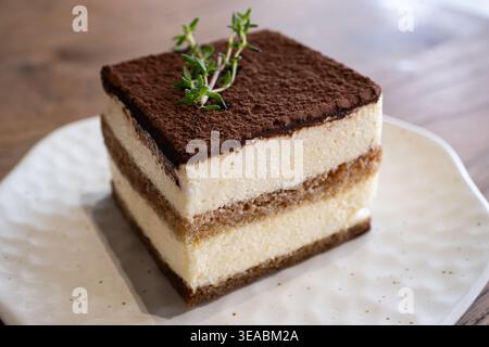 Nahaufnahme einer klassischen Tiramisu-Tortenscheibe mit Kakaopulver und frischem Thymian. Köstliches mehrschichtiges Dessert auf rustikalem Holztischhintergrund. Stockfoto
