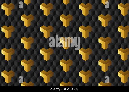 Nahtloses Muster aus Gold- und Schwarzwürfeln und Sechseckpolygonen. Abbildung des geometrischen 3D-Texturvektors. Stock Vektor